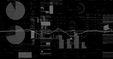 Financial data and statistical data processing against black background イラスト素材