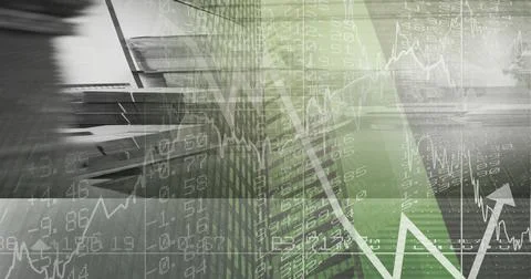 Financial data and statistics graphs processing over warehouse, finance and Stock Illustration