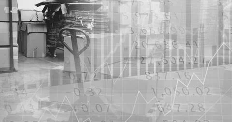 Financial data and statistics graphs processing over warehouse, finance and Stock Illustration