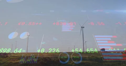 Financial data and statistics image over wind turbines in field Illustrazione stock