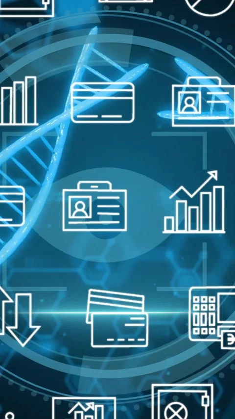 Financial data and technology icons animation over DNA strand background Stock Footage 320034878