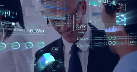 Financial data animation, businessmen analyzing transparent graphs and charts in 動画素材 304257040