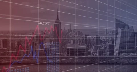 Financial data being processed on a grid, with a balcony overlooking a large Stock Footage 329854541