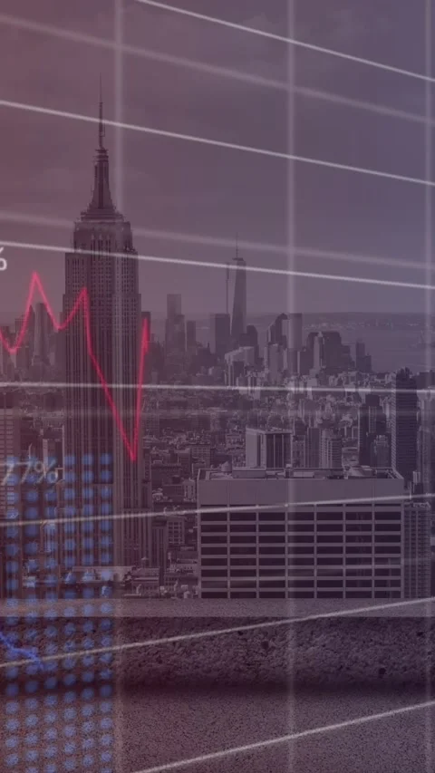 Financial data being processed on a grid, with a balcony overlooking a large Stock Footage 344693311