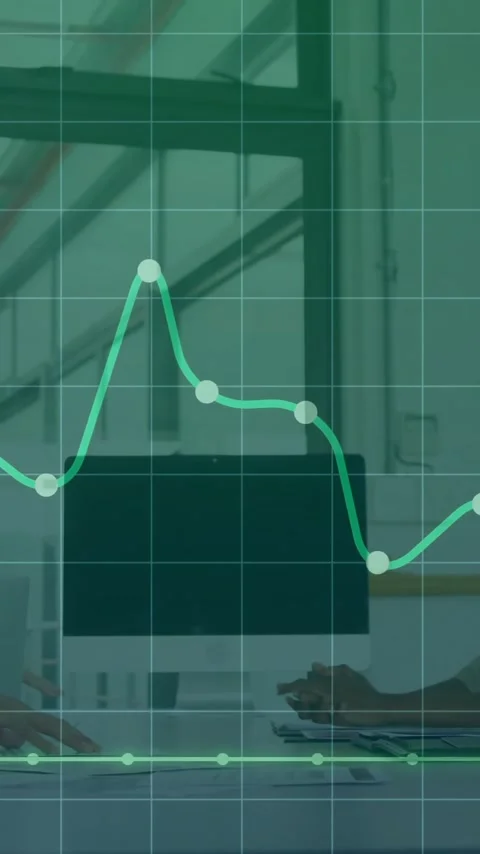 Financial data chart animation over diverse business team working in office 스톡 동영상 344803504