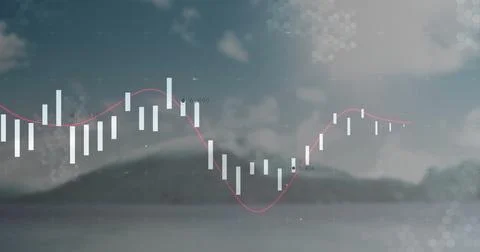 Financial data chart image over scenic mountain and lake background Foto stock