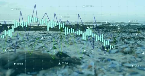 Financial data chart image over rocky beach background 스톡 사진