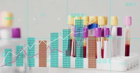 Financial data chart image over laboratory test tubes with blood samples Stock Photos