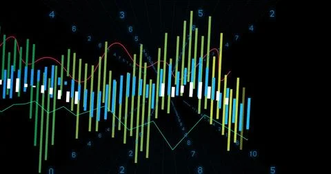Financial data chart pulsating on dark dashboard with colored bars, red and 스톡 일러스트