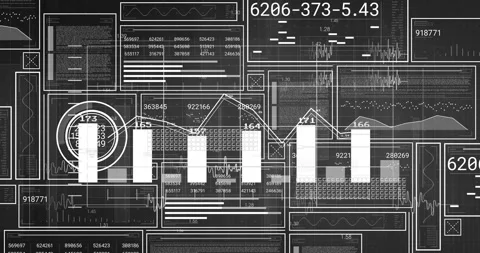 Financial data charts and graphs animation over complex analytical interface Stock Footage 305060006