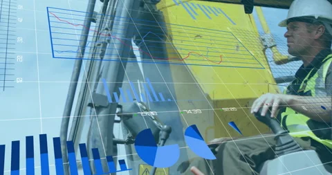 Financial data charts and graphs animation over construction worker operating Stock Footage 305432312