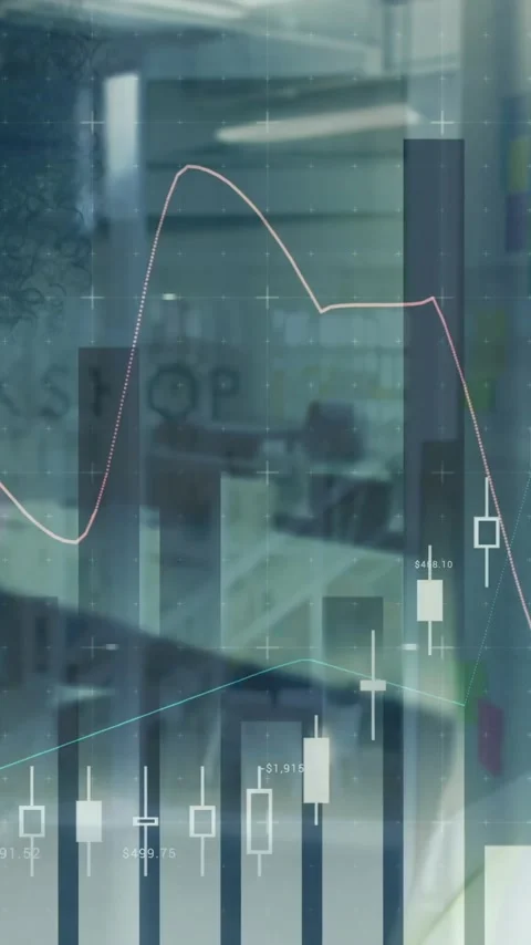 Financial data charts and graphs animation over businesswoman in office Stock Footage 342015741