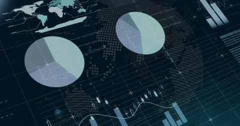 Financial data charts and graphs image over world map background 스톡 일러스트