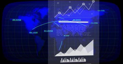 Financial data charts and graphs image over world map background Illustrazione stock