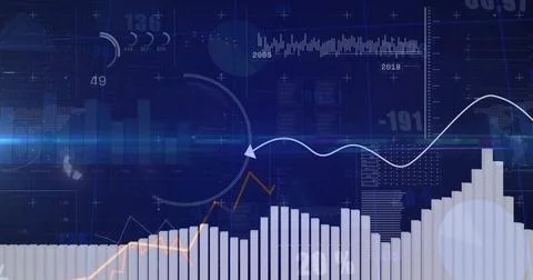 Financial data charts and graphs image over blue background with various metrics 스톡 일러스트