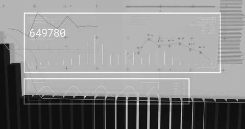 Financial data charts and graphs image over bar graph and numerical data Illustrazione stock