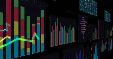 Financial data charts and graphs image over dark background 스톡 일러스트