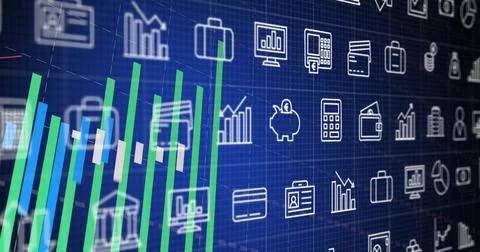 Financial data charts and graphs image over various business icons on blue Stock Illustration