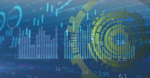 Financial data charts and graphs image over blue and yellow circular interface Illustrazione stock