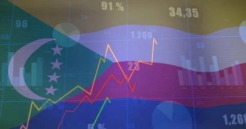 Financial data charts and graphs image over comoros flag background 写真素材