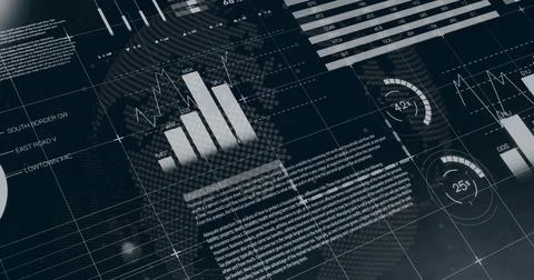 Financial data charts and world map image over global business statistics Illustrazione stock