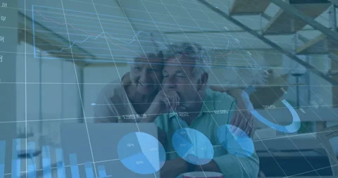 Financial data charts animation over elderly couple using laptop Stock Footage 306637891