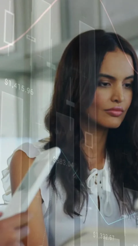 Financial data charts animation over diverse business people working in office Stock Footage 341956940
