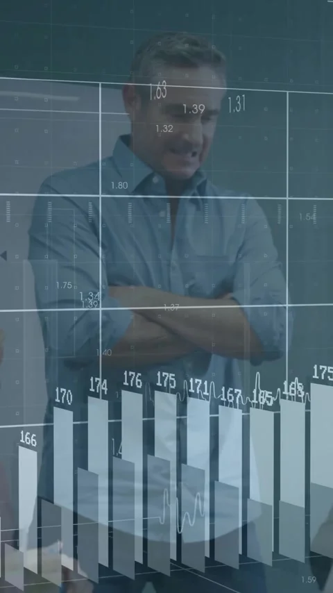 Financial data charts animation over diverse business team discussing in office Stock Footage 343028669