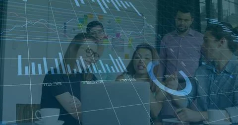 Financial data charts image over diverse business team in meeting 写真素材