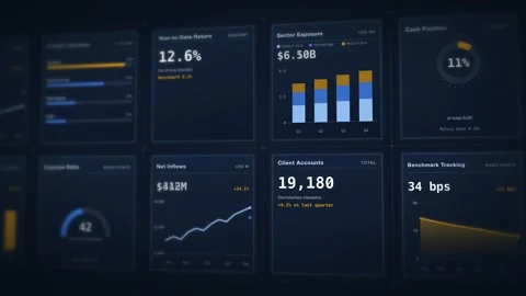 Financial Data Dashboard Interface Investment Metrics Display Capital Desk HUD Video stock 342478217