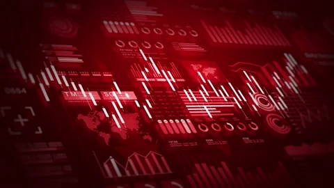 Financial data dashboard with red tones, declining stock charts. Stock Footage 310865999
