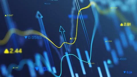 Financial data display showing dollar currency trends with lines and numbers Stock Photos