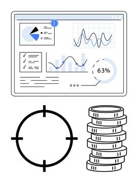 Financial data displayed on a screen with pie charts, graphs, and progress ba Stockillustratie