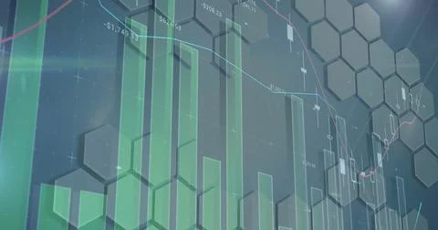 Financial data displaying on hexagonal background, showing rising and falling Foto stock