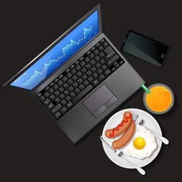 Financial data on laptop screen and mobile phone with orange juice and fried Stock Illustration