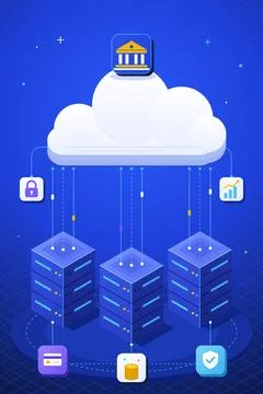 Financial Data Management In The Cloud With Server Network Illustrazione stock