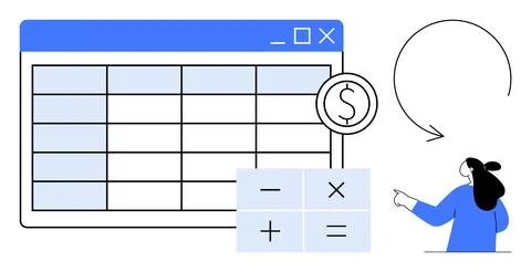 Financial Data Management with Digital Tools and Calculations Illustrazione stock