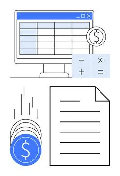 Financial data management with spreadsheet, falling coins, and a report doc.. Stock Illustration