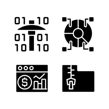 Financial data mining black glyph icons set on white space 스톡 일러스트