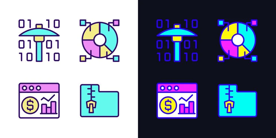 Financial data mining light and dark theme RGB color pixel perfect icons set 스톡 일러스트
