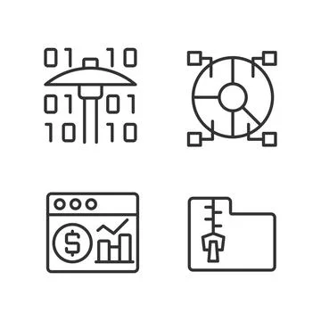 Financial data mining linear perfect pixel icons set Illustrazione stock