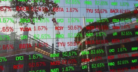 Financial data over building site. Illustrazione stock