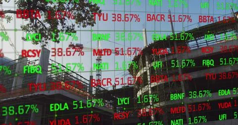 Financial data over building site. Illustrazione stock