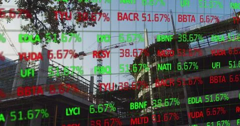 Financial data over building site. Ilustración de archivo