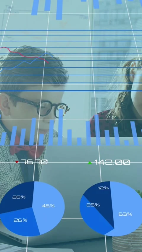 Financial data over young people working on digital advice. Stock Footage 323783595