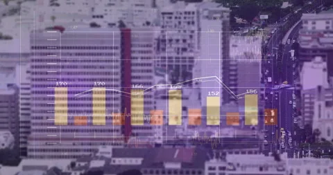 Financial data overlay floating over city skyline, showing colored bar charts Stock Footage 308653878