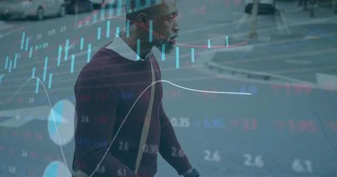 Financial data proceessing against man with bicycle using smartphone on the 스톡 일러스트