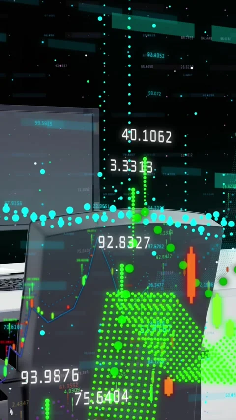 Financial data processing against 3d office desk model against black background Stock Footage 331649572