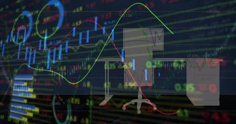 Financial data processing against 3d office desk design on grey background Stock Illustration