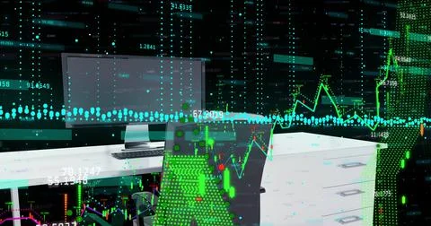 Financial data processing against 3d office desk model against black background Stock Illustration